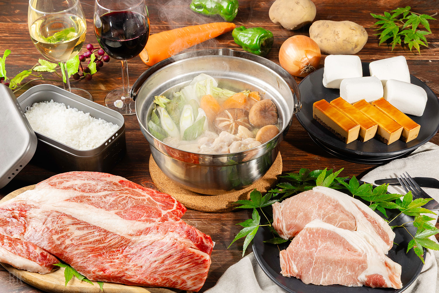 段戸牛肩ロースをはじめとした地元産ブランド肉三種盛コース01